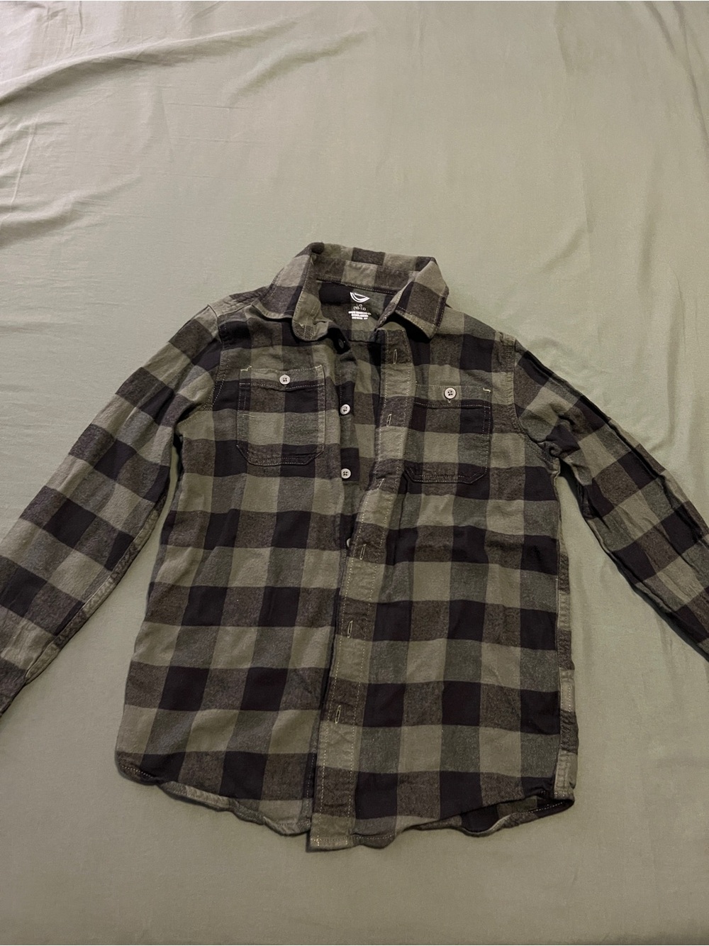 Boy’s Olive Green and Black Plaid Button-Down Shirt Size L 10-12